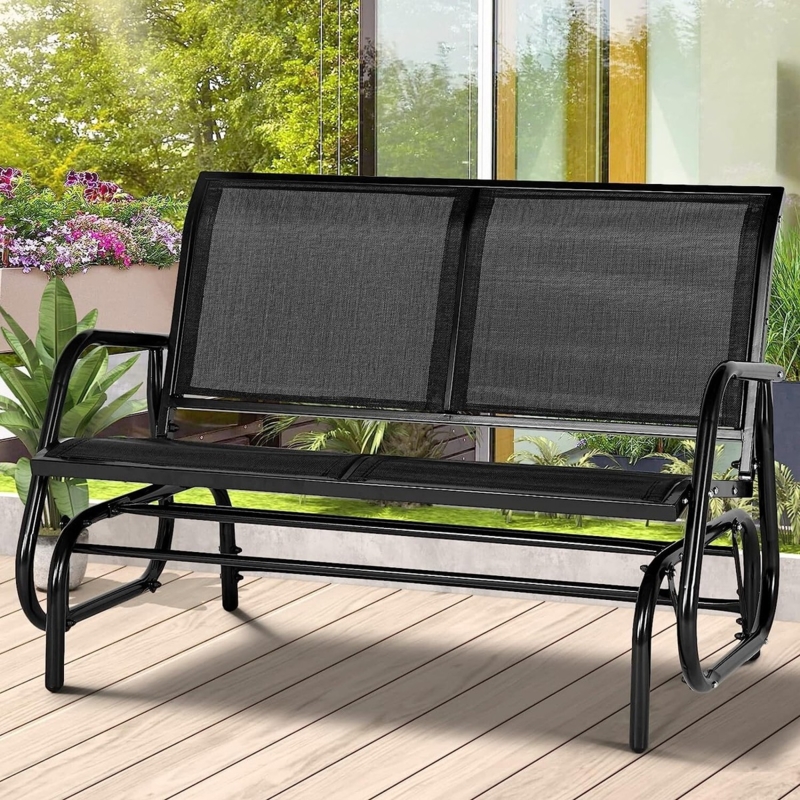 Metal Outdoor Glider Bench Dark Gray Mesh Back Porch Loveseat