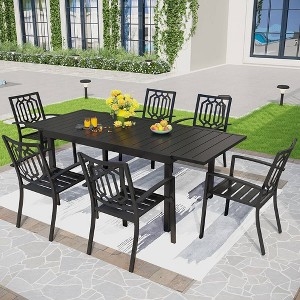 Metal Patio Dining Set: 7-Piece Rectangular Mesh Tabletop Slat Back