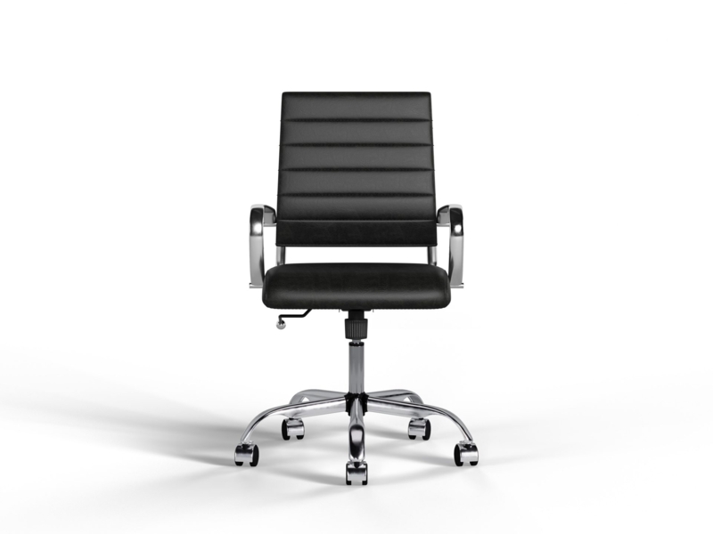 Mid-Back Office Chair Black Ribbed Padded Chrome Arms Leather-Like