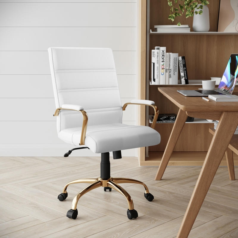 Mid-Back Office Chair, Padded Arms, Ribbed Leather-Like Swivel Chair