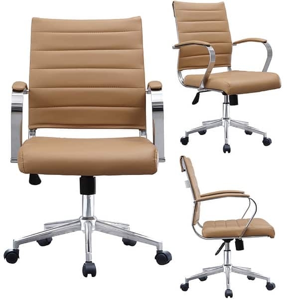 Mid-Back Office Chair Tan Leather-Like Ribbed Chrome Modern