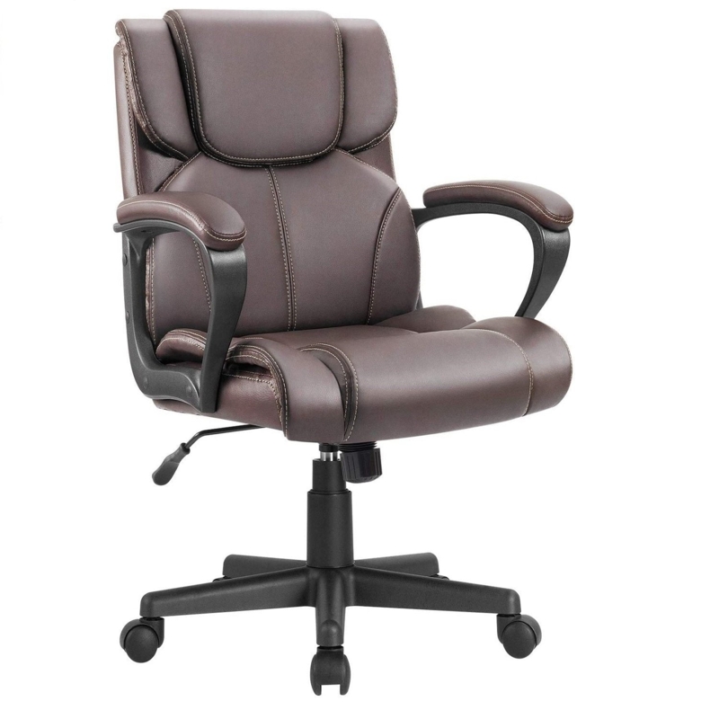 Mid-Back Office Chair Warm Brown Padded Wraps Ribbed Stitching