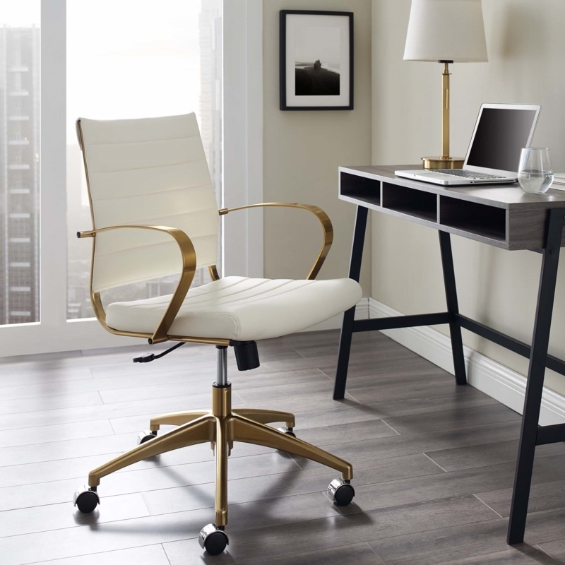 Mid-Back Office Chair, White Ribbed Upholstery, Gold Stainless Steel Frame