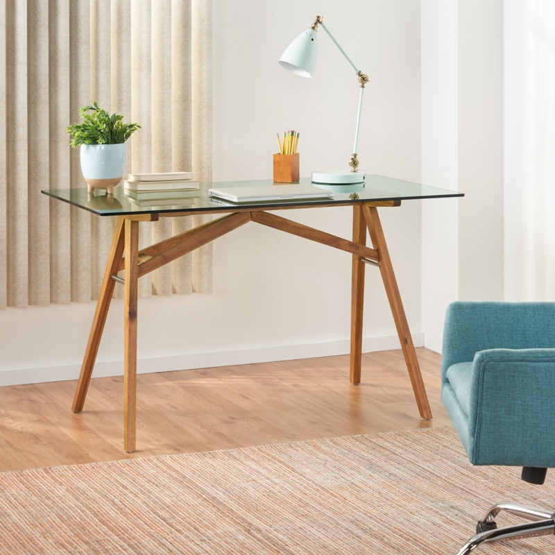 Mid-Century Desk Tempered Glass Top Cross-Brace Base Tapered Legs
