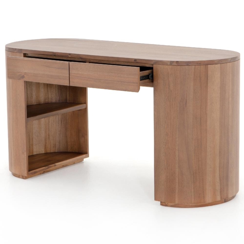 Mid-Century Desk Three Drawers Recessed Pulls Tapered Splayed Legs