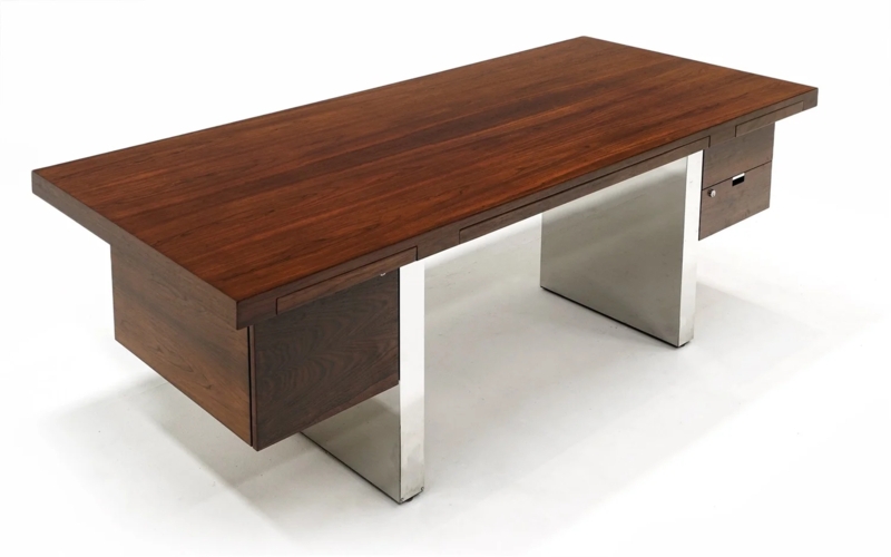 Mid-Century Executive Desk with Barrel Shaped Wood Top and Polished Metal