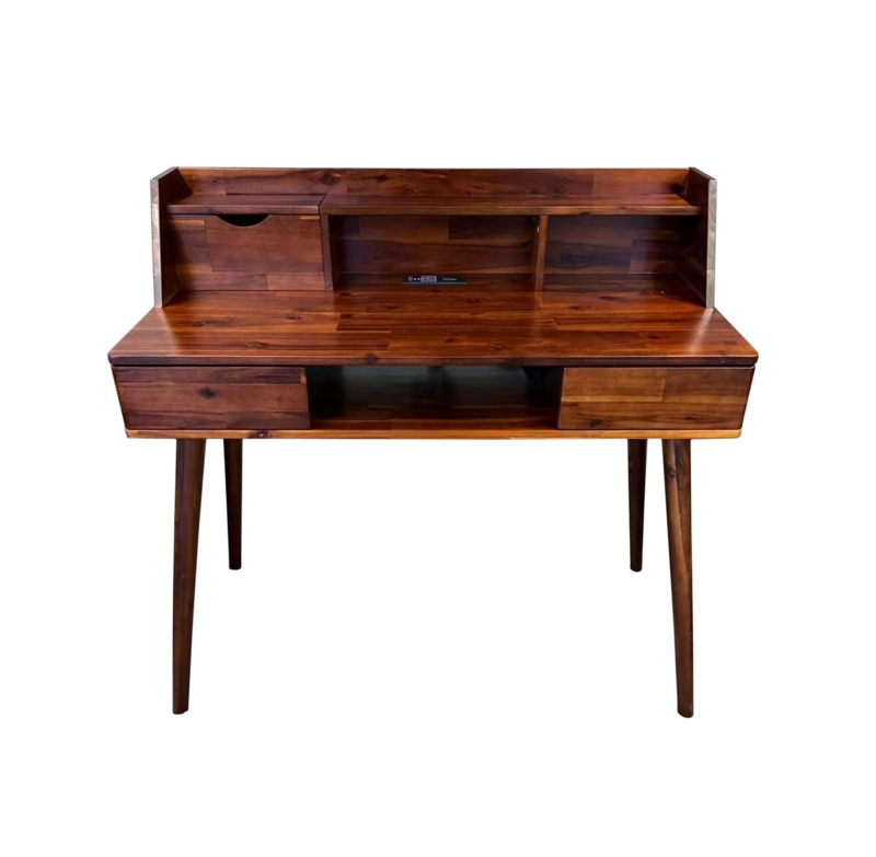 Mid-Century Mahogany Desk Integrated Outlets Tapered Legs Raised Back