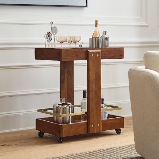 Mid-Century Modern Bar Cart featuring Oval Shelves and a Satin Gold Frame