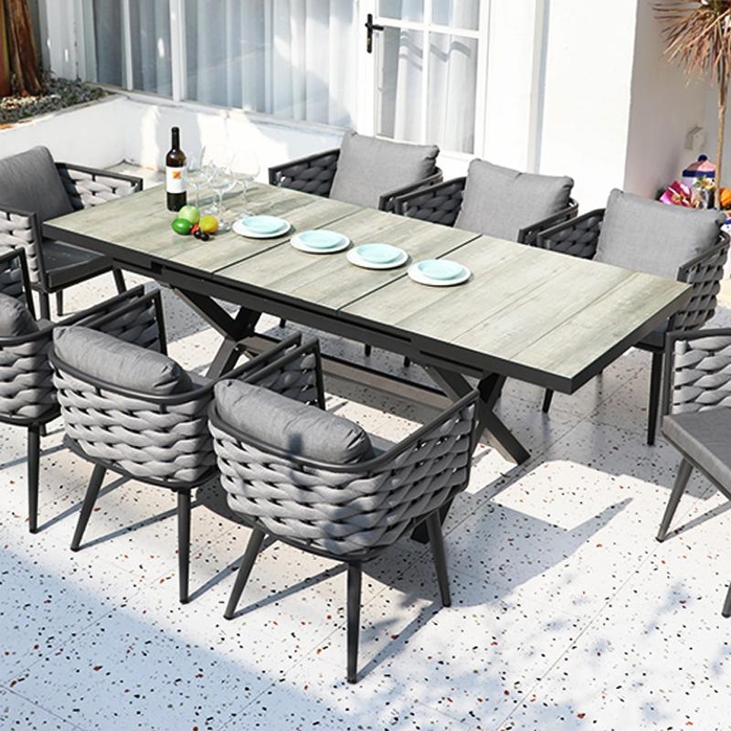 Mid-Century Modern Outdoor Dining Table Gray Slatted Top Splayed Legs