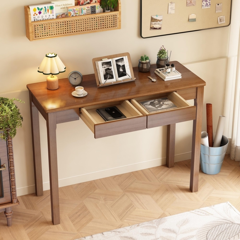 Mid-Century Modern Writing Desk Walnut Finish Tapered Legs