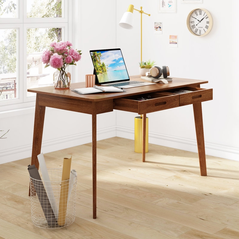 Mid-Century Modern Writing Desk with Tapered Splayed Legs, Cut-Out Handles