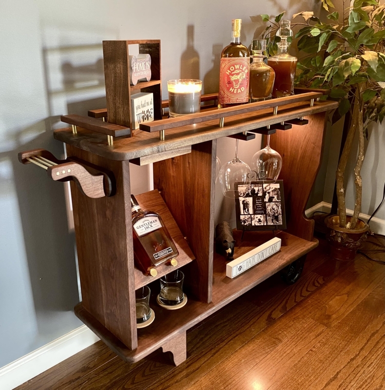 Mid-Century Walnut Bar Cart featuring Oversized Rear Wheels and Handle