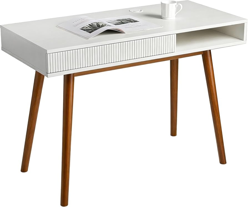 Mid-Century Writing Desk White Top with Tapered Walnut Legs