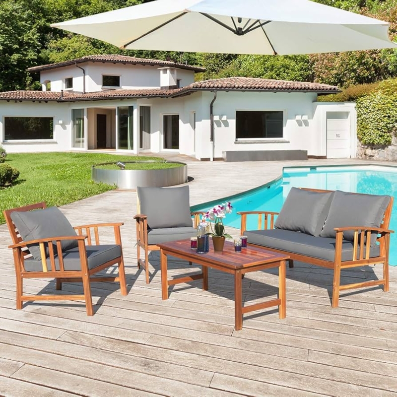 Minimalist Backyard Seating Arrangement Slatted Wood Square Legs Gray