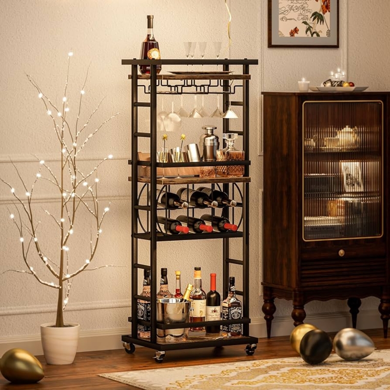 Minimalist Bar Cart Four Tier Design Black Metal Wood Shelves