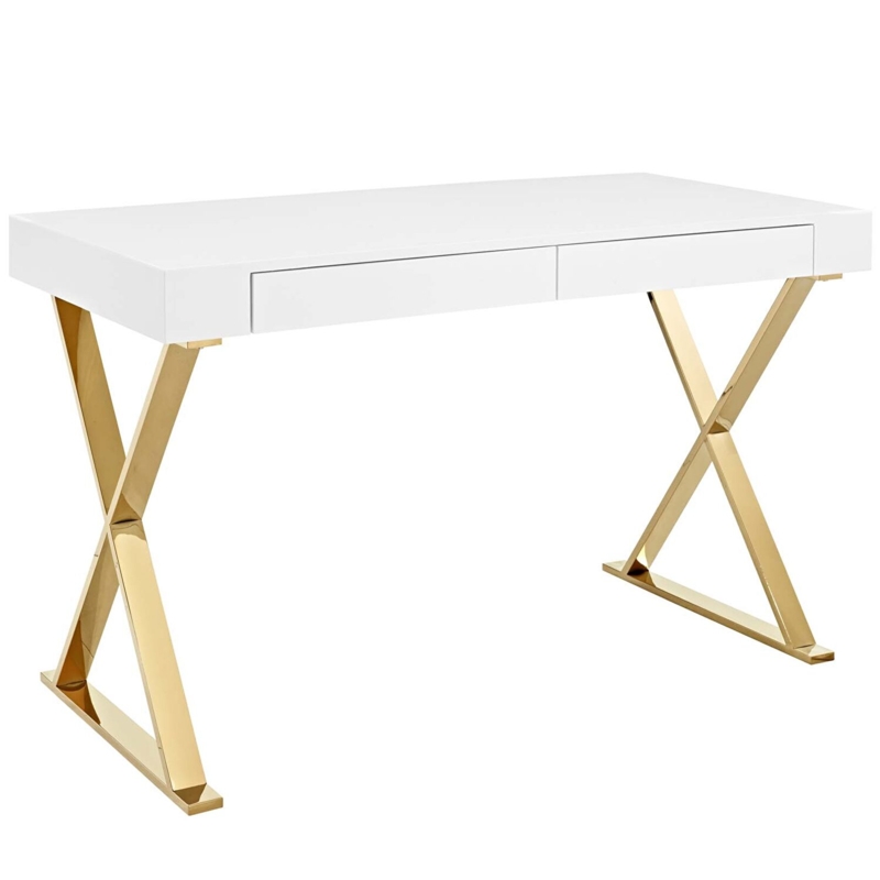 Minimalist Computer Desk with Gold Toned Cross Brace Legs