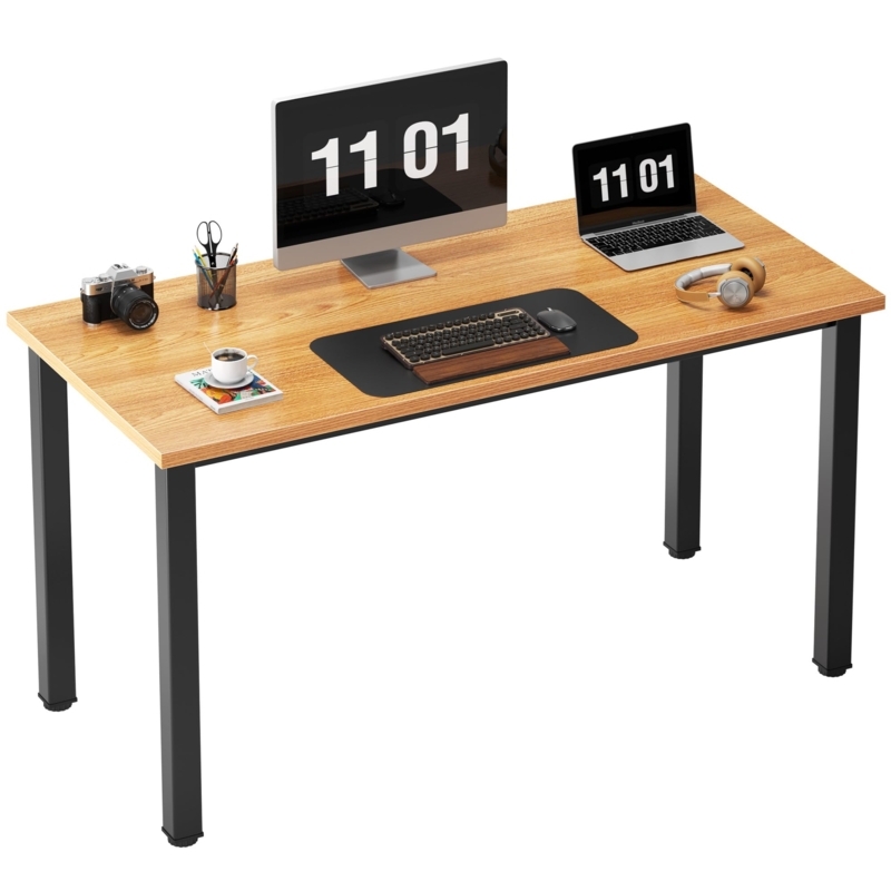 Minimalist Computer Desk with Teak-Toned Top and Black Metal Frame, 47 Inch
