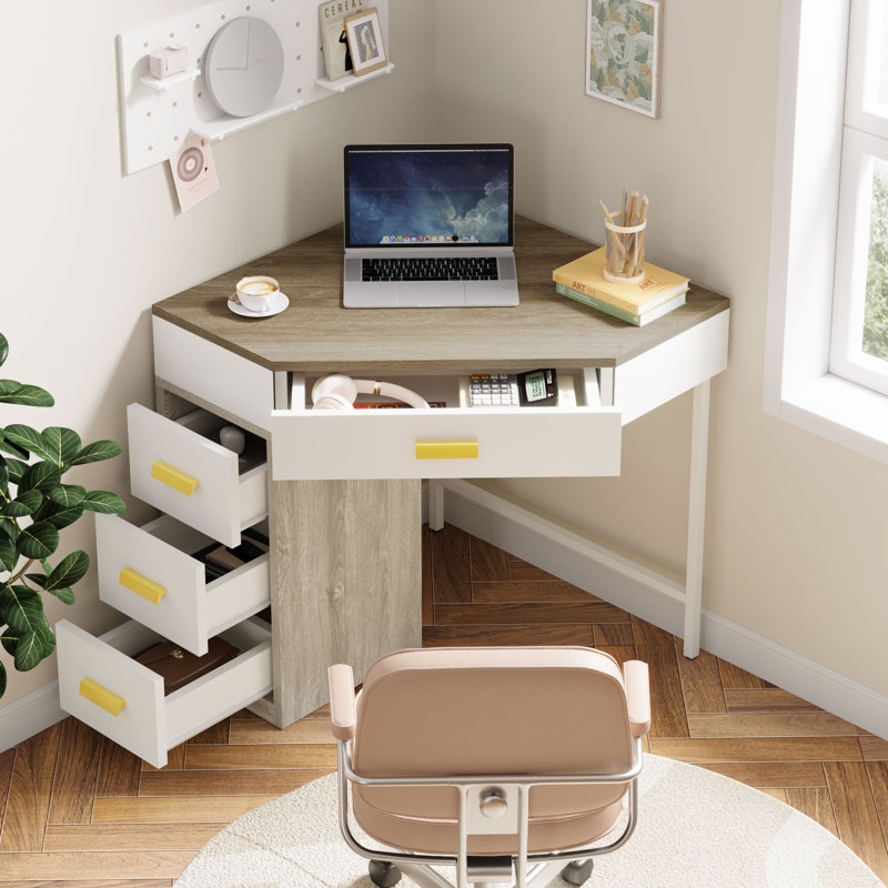 Minimalist Corner Desk featuring Four Handleless Drawers and Clean Finish