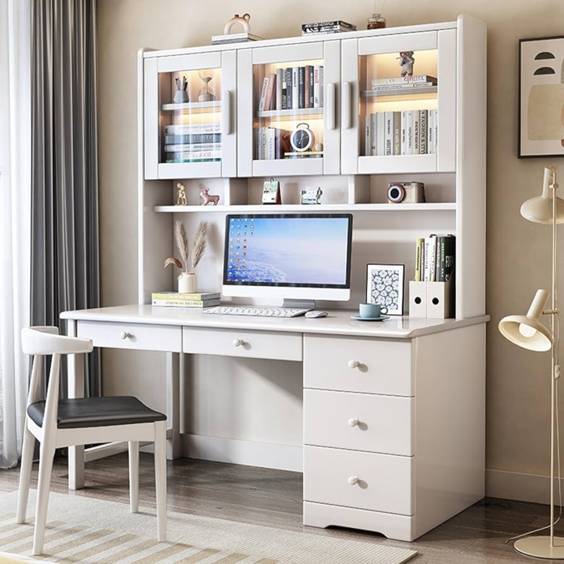 Minimalist Desk With Hutch, White Finish & Glass Door Cabinets