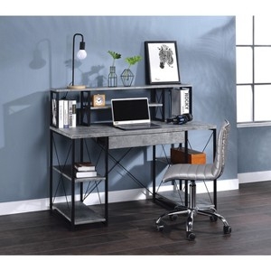 Minimalist Gray Writing Desk with Slim Profile and Black Sled Base
