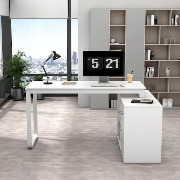 Minimalist L-Shaped Computer Desk with Hutch and Storage Drawer