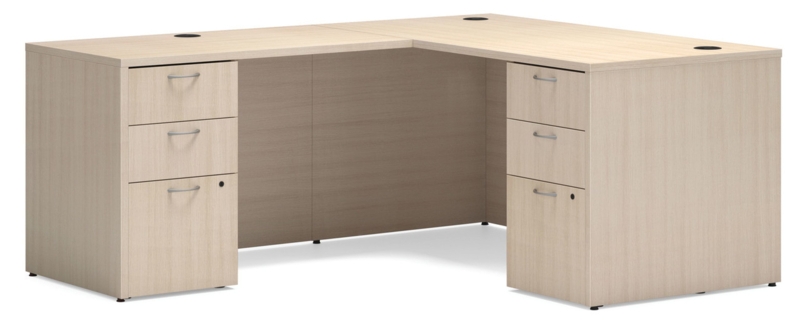 Minimalist L-Shaped Desk Full Height Pedestals Medium Wood Tone