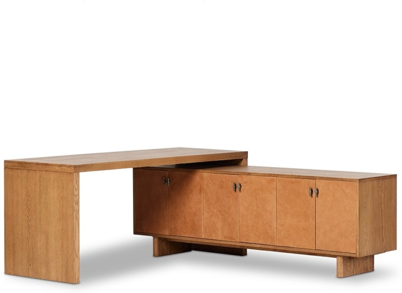 Minimalist L-Shaped Desk with Amber Oak Veneer and Block Leg Storage