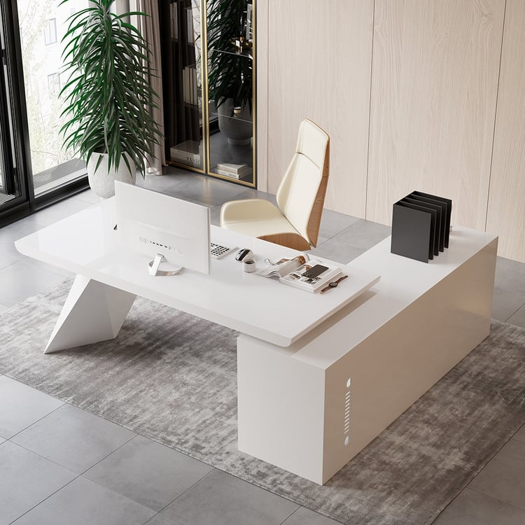 Minimalist L-Shaped Desk with Handleless Drawers and Storage Return