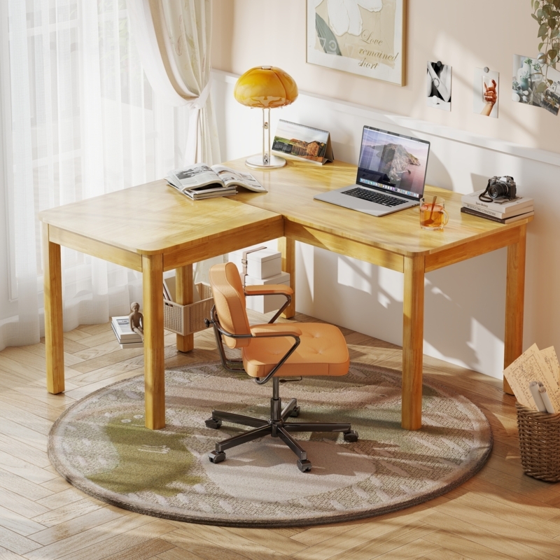 Minimalist L-Shaped Desk with Wood Top and Open Black Metal Frame