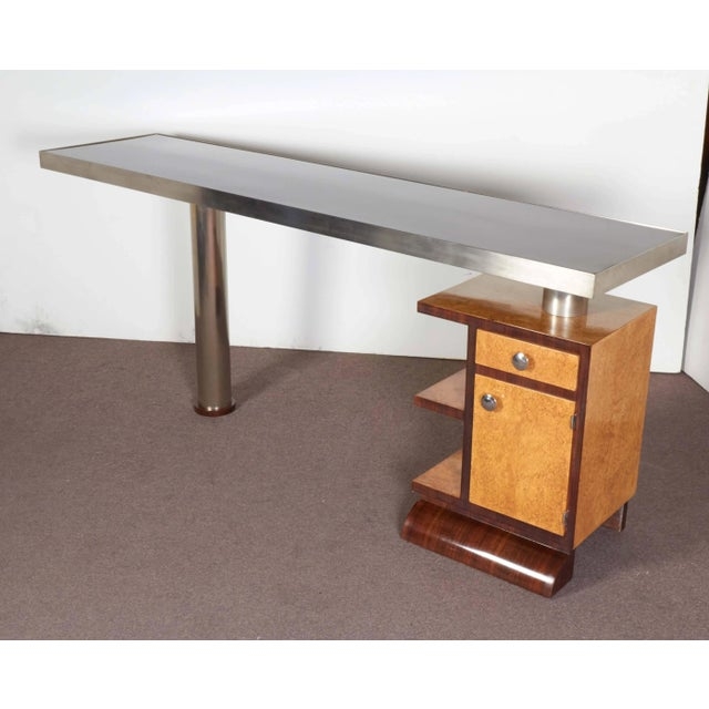 Minimalist Narrow Writing Desk with Two-Tone Wood & Nickel Legs