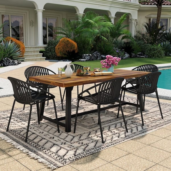 Minimalist Outdoor Dining Set Black Metal Slatted Teak Stackable