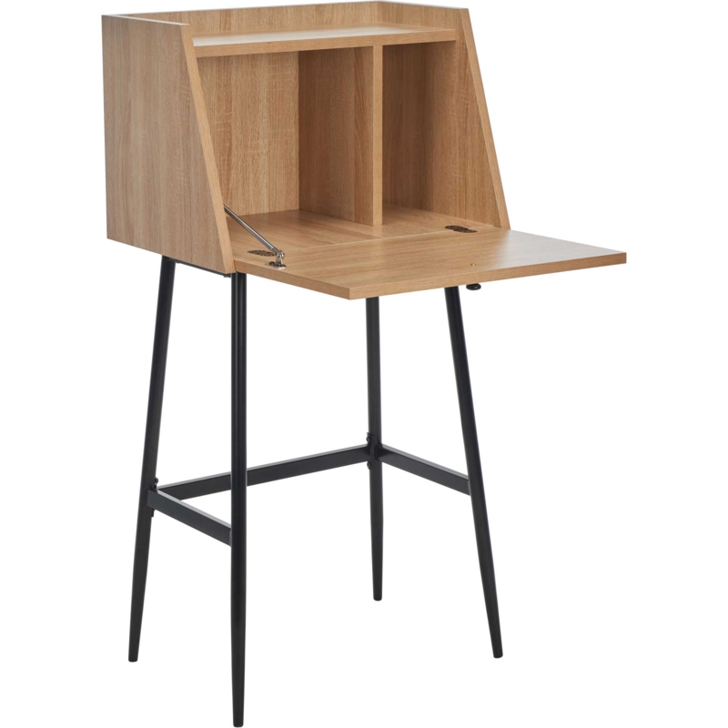 Minimalist Secretary Desk Angled Metal Base & Natural Wood