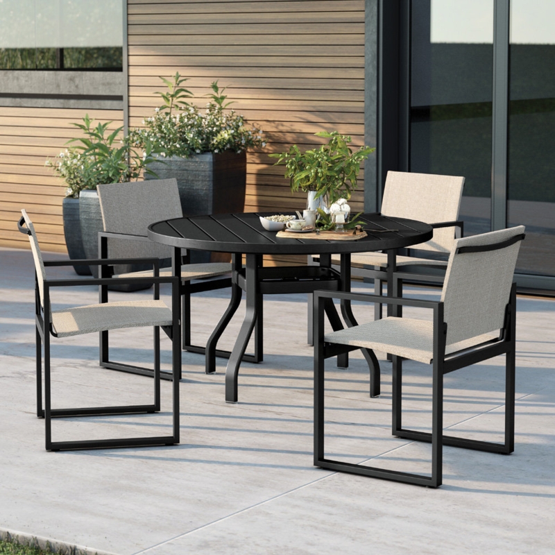 Minimalist Sling Patio Dining Set Round Pedestal Charcoal Frame