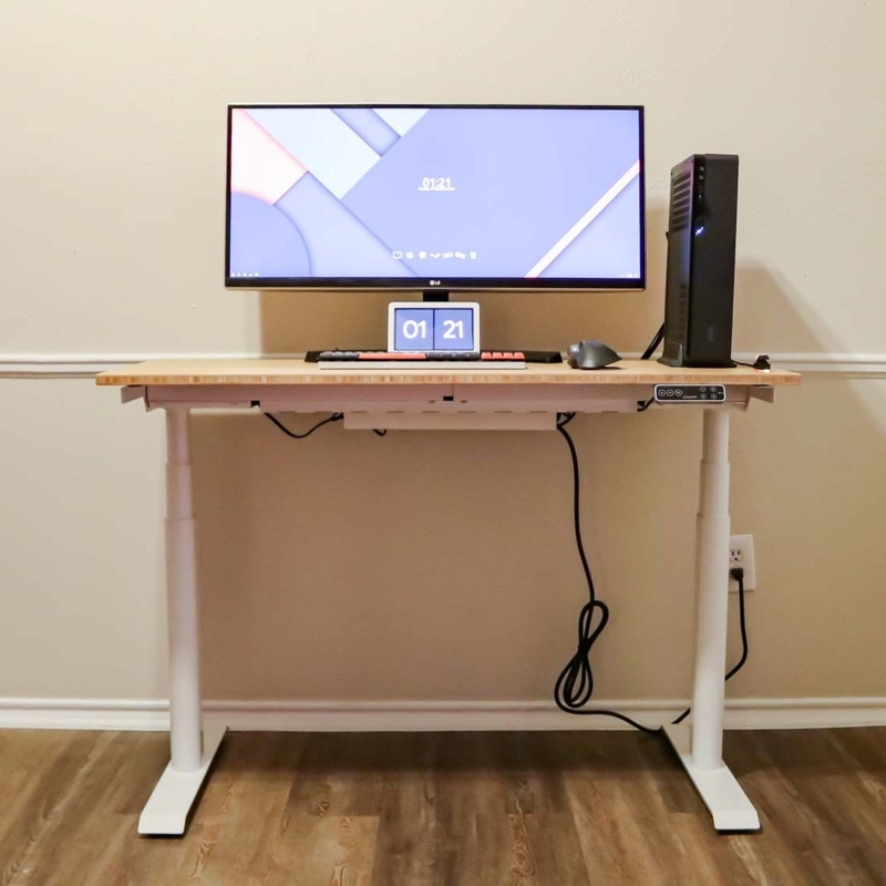 Minimalist Standing Desk Setup with Gray Felt Desk Mat