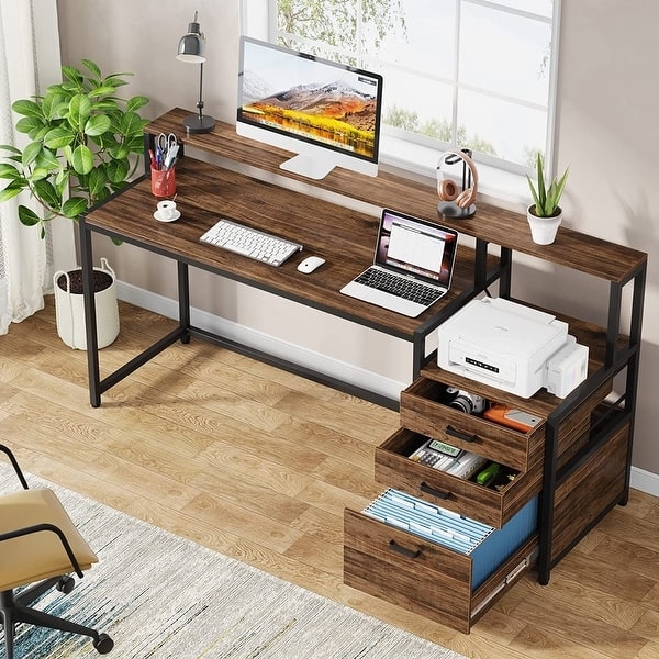 Minimalist White Computer Desk with Integrated Monitor Riser and 3 Drawers
