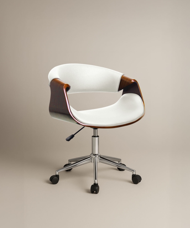 Minimalist White Home Office Chair Curved Wood Shell Polished Chrome