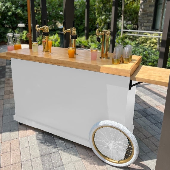 Minimalist White Mobile Bar Cart with Natural Wood Toned Shelves
