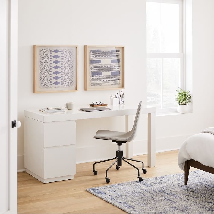 Minimalist White Pedestal Desk With Double Base And Thick Top