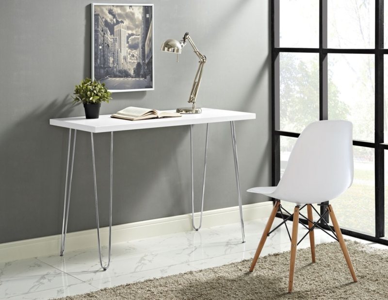 Minimalist White Writing Desk, Black Hairpin Legs, Slim Profile