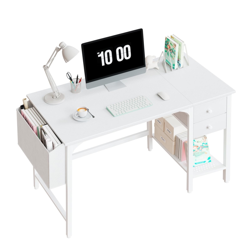 Minimalist White Writing Desk with Twin Drawers and Tapered Legs