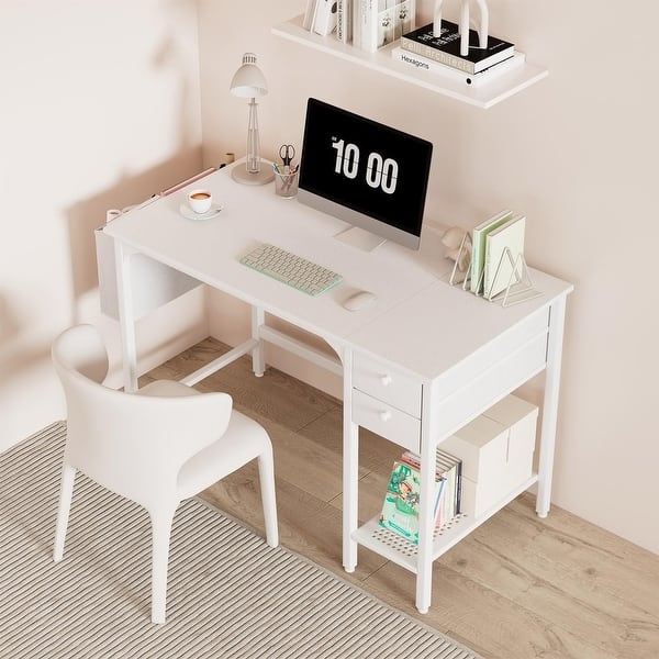Minimalist White Writing Desk with Two Drawers and Round Knobs