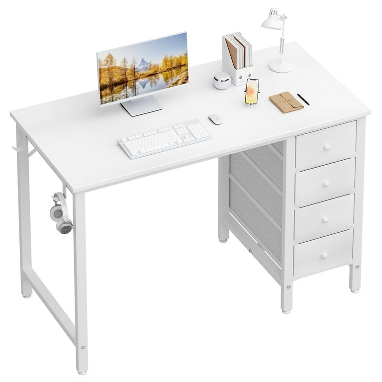 Minimalist Writing Desk White with Pink Fabric Drawers