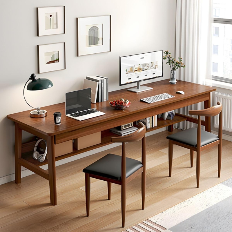 Minimalist Writing Desk with H-Shape Frame and Walnut Toned Shelves