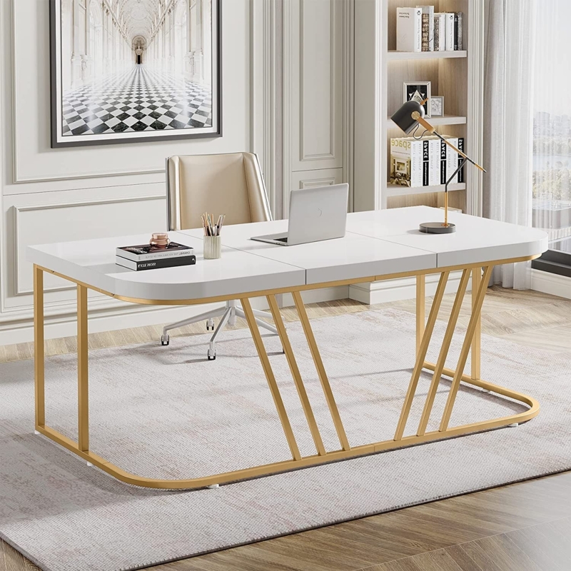 Minimalist Writing Desk with Polished Gold Metal Frame and Open Base