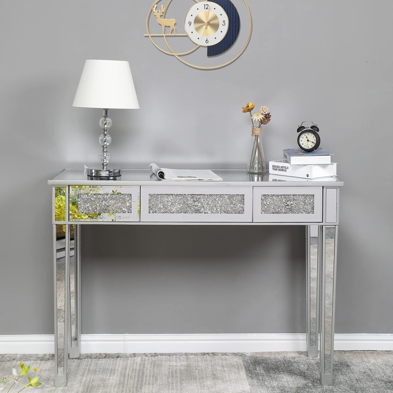 Mirrored Console Table featuring Crystal Inlay Front and Three Drawers