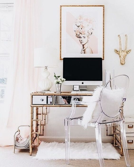 Mirrored Desk Acrylic Ghost Chair Plush Styling Gold Accents Glam