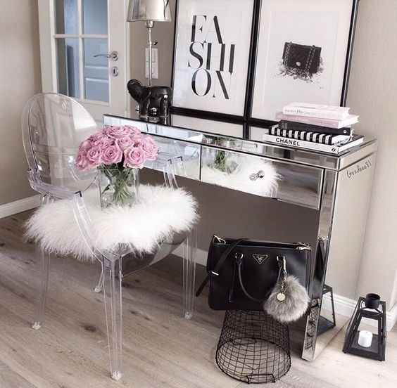 Mirrored Desk Small Space Writing Desk Crystal Knobs Tapered Legs