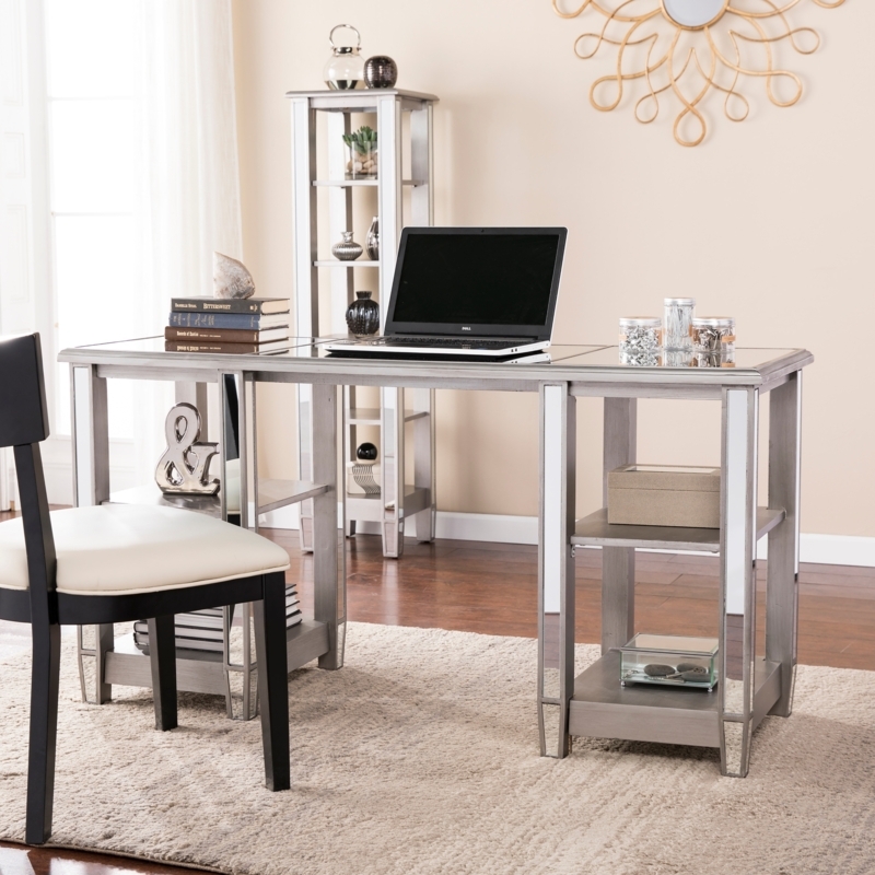 Mirrored Writing Desk featuring Matte Silver X-Brace Base