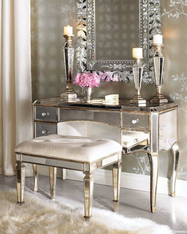 Mirrored Writing Desk with Polished Gold X-Leg Base