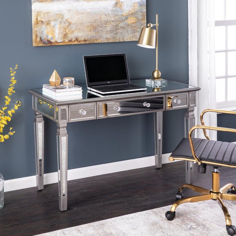Mirrored Writing Desk with Silver X-Frame Base and Glam Style